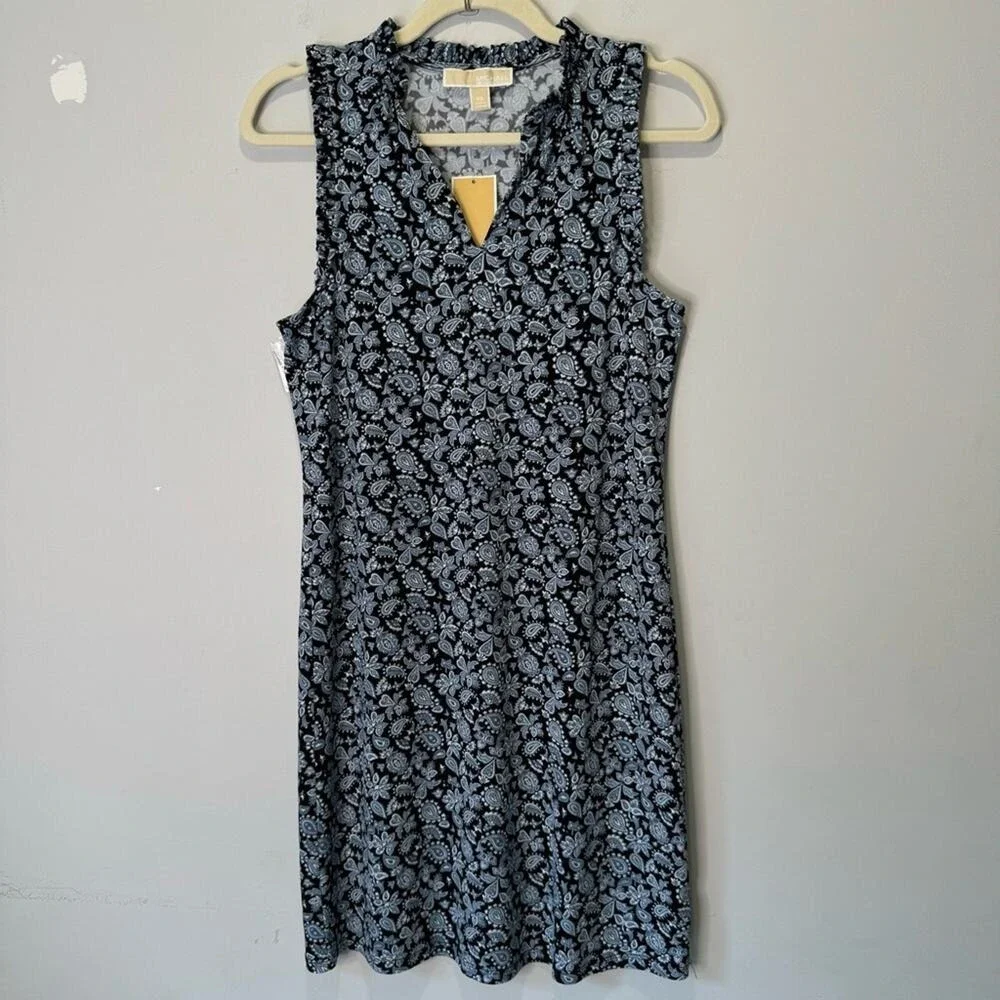 NWT Michael Kors Paisley Boho‎ Soft Stretch Mini V-neck Sleeveless Dress XS Blue